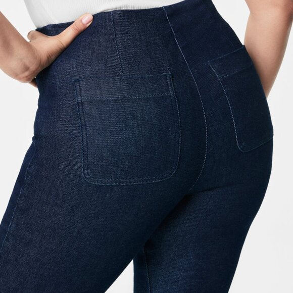 SPANX Shape EveryWear Dark Raw Indigo Zero Waistband Micro Flare Jeans Sz M  EUC - Picture 3 of 11
